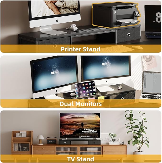 Dual Monitor Stand Riser with 2 Drawers - 39Inch Large Storage Computer Monitor Stands for 2 Monitors, Wooden Desktop Organizer Perfect for Home Office Desk, Computer, Laptop, TV, Black