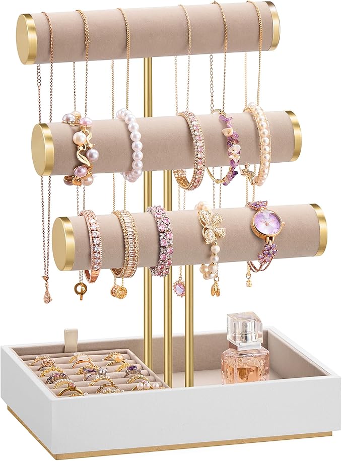 SONGMICS Bracelet Holder Stand, Jewelry Display Stand, Jewelry Organizer, with 3 Tiers and Velvet Tray, Removable Ring Holder, Christmas Gift, Cloud White and Camel Brown UJJS027A01