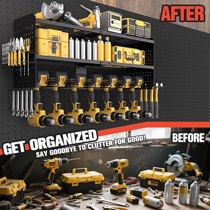 Veitorld Power Tool Organizer with Charging Station, 4 Drill Holders, Heavy Duty Modular Wall Mount Rack for Garage & Shed Organization, Tool Storage Organizer, Gifts for Men Dad Husband Christmas