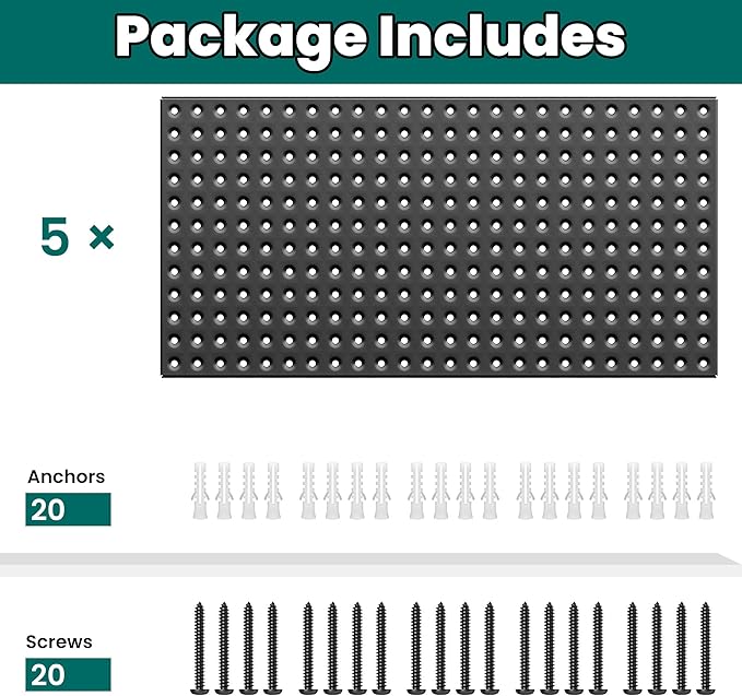 EVERHANGER Metal Pegboard Panels 24" x 12", Heavy Duty Steel Peg Boards for Garage, Pegboard Wall Organizer for Tool Storage and Organization, Black, 5 Pack