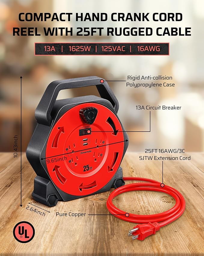 DEWENWILS Cord Reel with 4 Power Outlets, 2-USB Ports(3.4A Fast Charge), 25FT Retractable Extension Cord Reel, Heavy Duty SJTW 16/3 Cable, 13A Circuit Breaker, Hand Wind, UL Listed