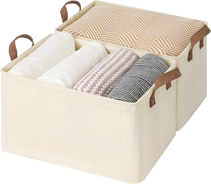 StorageWorks Storage Bins, Shelves Baskets for Organizing, Large Fabric Closet Organizers with Handles, Metal Frame, Beige（Texture）, 2-Pack