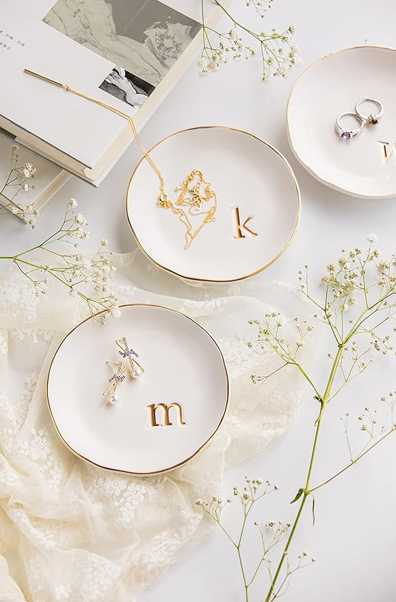 COLLECTIVE HOME - Ceramic Jewelry Tray, Decorative Trinket Dish for Rings Earrings Necklaces Bracelet Watch Keys, Birthday Mother's Day Christmas Gift for Women, 4.75", White Surface (P)