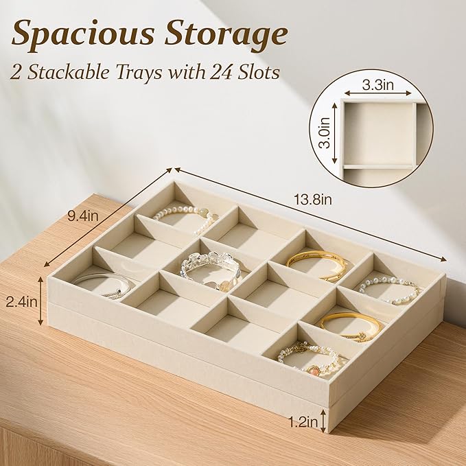 pickpiff Drawer Jewelry Organizer & Display Trays: 2pcs 12grid Velvet Stackable Jewelry Case (13.8x9.4x1.2inch) - Soft Beige Necklace Holder Bracelet Display Watch Box