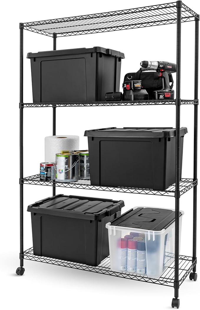 IRIS USA, Inc. 4-Tier Adjustable Heavy Duty Steel Storage Rack with Removable Locking Casters (Up to 1200 lbs Loading Capacity), Wire Organization Unit with Metal Shelves, Black (48"L x 18"W x 73.5"H)