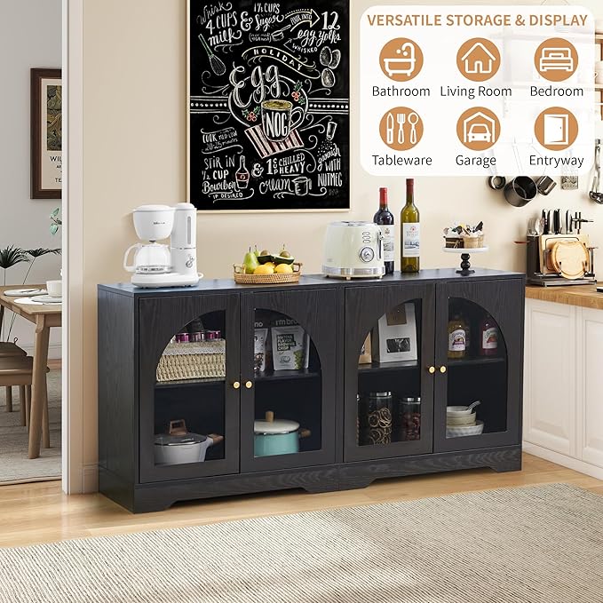 Mid-Century Modern Storage Cabinet with Door, 27" Short Floor Wood Sideboard Buffet Cabinet with Display Arched Acrylic Door & Adjustable Shelve for Bathroom, Living Room, Coofee Bar (Black)
