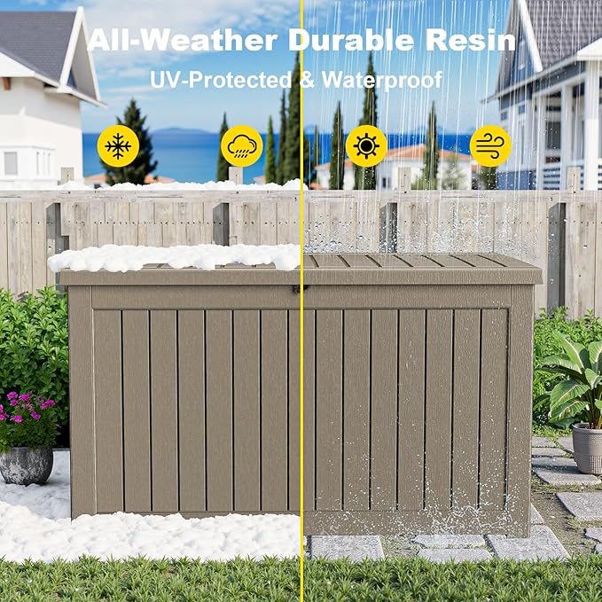 280 Gallon Outdoor Deck Box,Storage Lockable Waterproof Patio Furniture,Garden Tools,Cushions,Pool Accessories Outside Storage Resin Box(Grey)