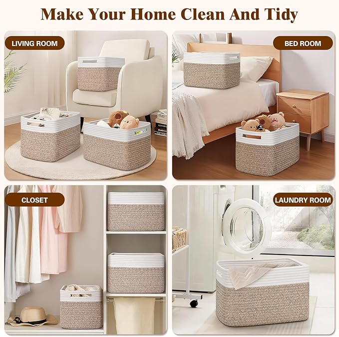 Storage Baskets for Organizing, 4 Pack Storage Baskets for Shelves, Woven Basket for Shelves, Closet Organization, Rectangle Organizer Basket Gifts Empty, 13"Lx8.7"Wx7.9"H Decorative Bins with Handles