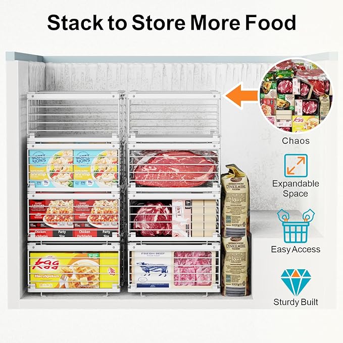iSPECLE Freezer Organizer Bins - Fit 10 to 20 Cu.FT Deep Freezer, 4 Pack Large Expandable Stackable Chest Freezer Organizer Sort Frozen Food and Easily Get with Handle, Improve Air Circulation, White