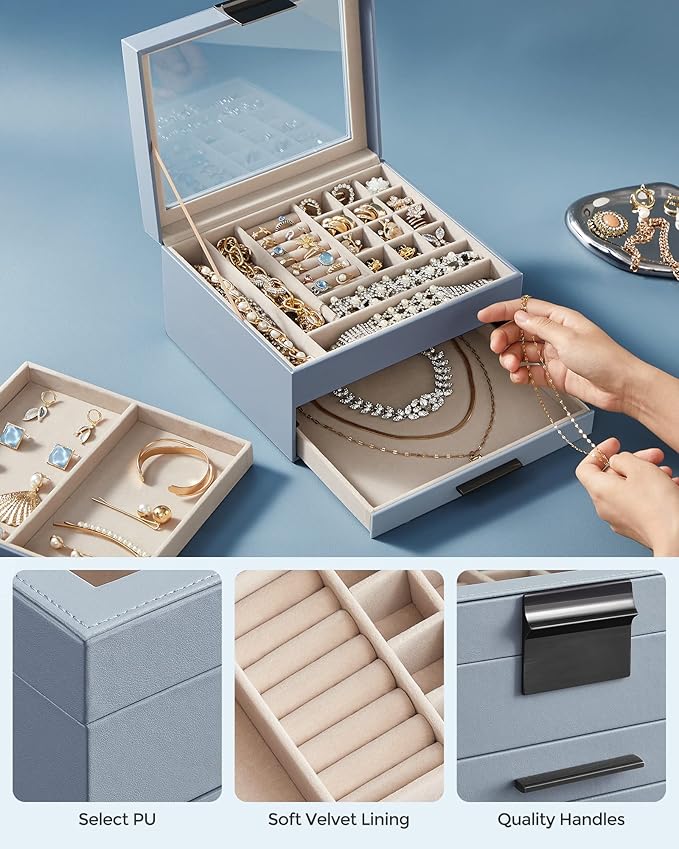 SONGMICS Jewelry Box Organizer with Glass Lid, 3-Layer Jewelry Storage, with 2 Drawers, Modern Style, Christmas Gift, 8 x 9.1 x 5.3 Inches, Smoky Blue and Silver UJBC239BU