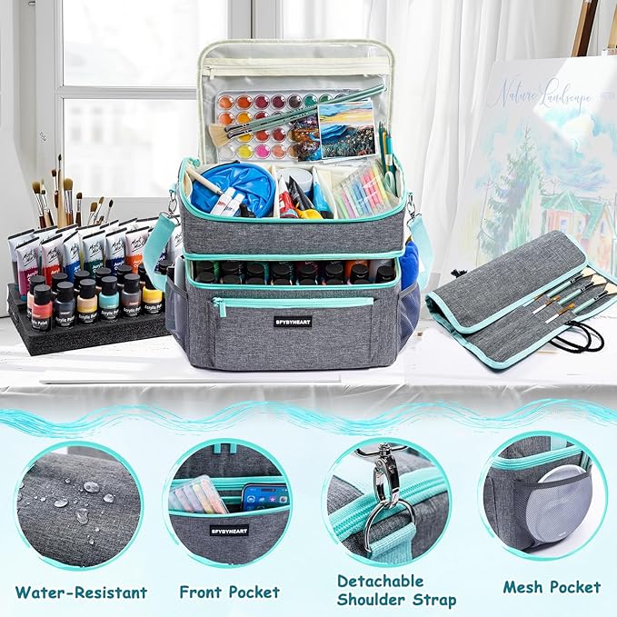 Acrylic Paint Organizer Bag with Washable Roll-Up Brush Holder, 2-Layer Art Supply Case, Large Craft Organizer with Foam Inserts for Apple Barrel, Shuttle Art, Caliart Art Supplies Storage Bag