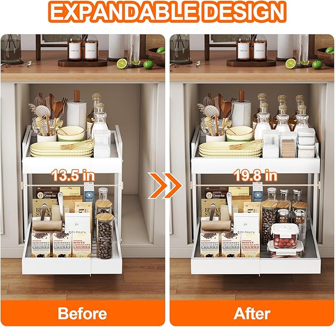 Golener 2-Tier Expandable Pull Out Cabinet Organizer - Slide Out Drawers for Kitchen Cabinets, Bathroom Organizers and Storage, Under Sink Organizer for Kitchen Storage Organization, White Metal Frame