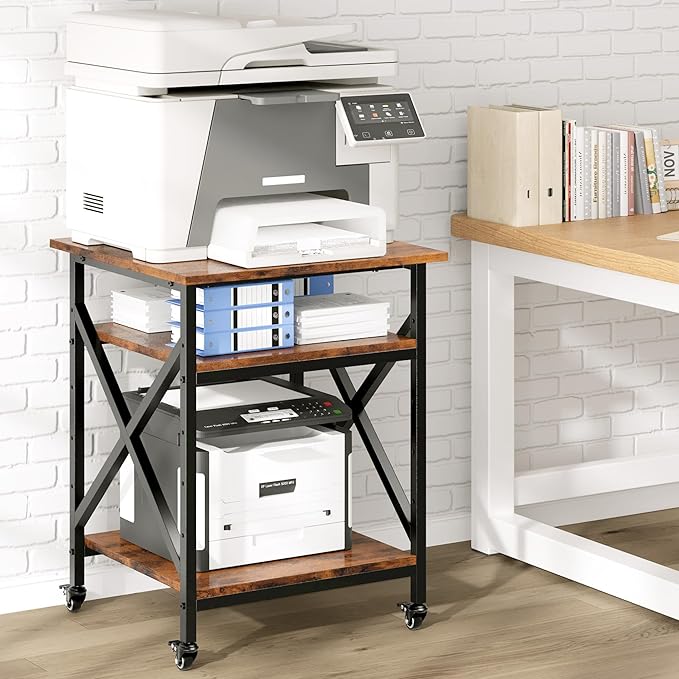 Ollieroo 3 Tier Printer Stand, Large Table with Wheels, Rolling Cart with Height Adjustable Middle Storage Shelf, 23.6 x 23.6 x 30.3 Inches Shelf for Home Office, Vintage Brown