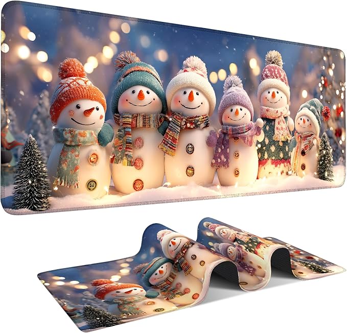 Six Snowmen Gaming Mouse Pad 31.5"x11.8"Desk Mat Anti-Slip Rubber Base & Durable Stitched Edges for Gamers Smooth Mouse Writing Surface for Desk Office/Home