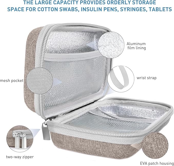 Insulin Cooler Travel Case,EVA Insulation Travel Medicine Kit with 2 Ice Packs for Diabetes Care,Insulin Pen and Other Diabetic Supplies (Brown)