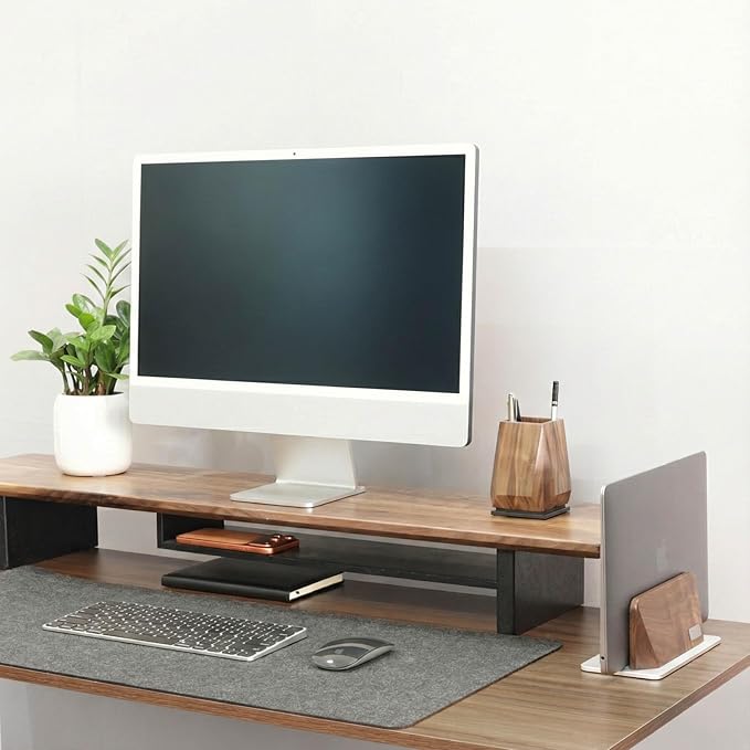 Vertical Laptop Stand, Black Walnut Wood Laptop Holder Vertical for Desk - Heavy Silver Aluminum Base | Adjustable Dock (8-38mm) Fits Most Laptops, MacBooks (Silver Base)