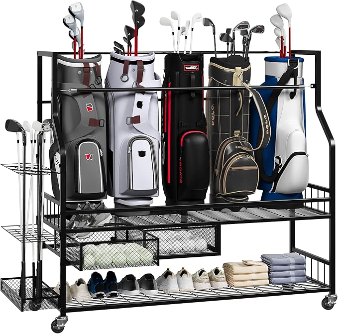 Golf Bag Storage Rack on Wheels, Mobile 5-Bag Organizer with Accessory Drawer for Golf Bag and Equipment Accessories Garage, Home, Basement
