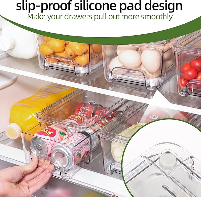 Large Fridge Organizer Drawers, 4 Pack Stackable Fruit and Vegetable Storage Containers, Clear Pull-Out Refrigerator Organizer Bins for Kitchen, Refrigerator, Pantry, Cabinet, Freezer