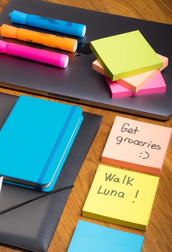 Sticky Notes 3x3 in (12 Pads) Bright Colored Super Self Sticky Pads - 100 Sheets/Pad - Easy to Post for School, Office Supplies, Desk Accessories