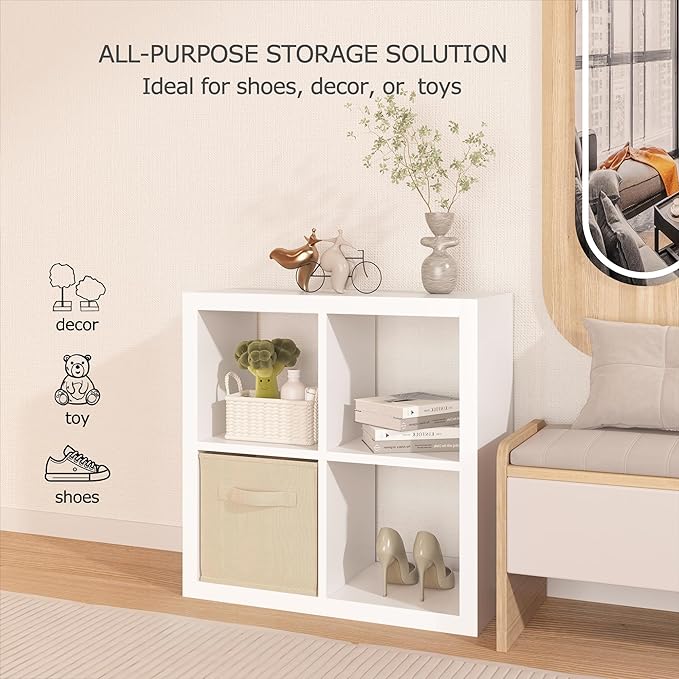 4 Cube Organizer, Cube Storage Organizer with Fabric Bin, Cube Storage Shelf for Bedroom, Living Room, Office, Modular Bookshelf Organizer for Books, Closet, White