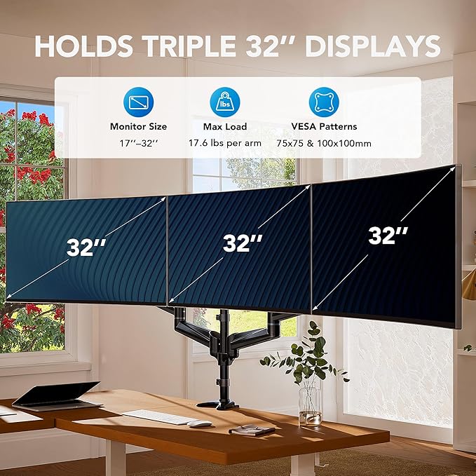 HUANUO Triple Monitor Mount for 17 to 32 inch Screens, Adjustment Triple Monitor Stand with Swivel, Tilt, Rotation, Clamp & Grommet Kit