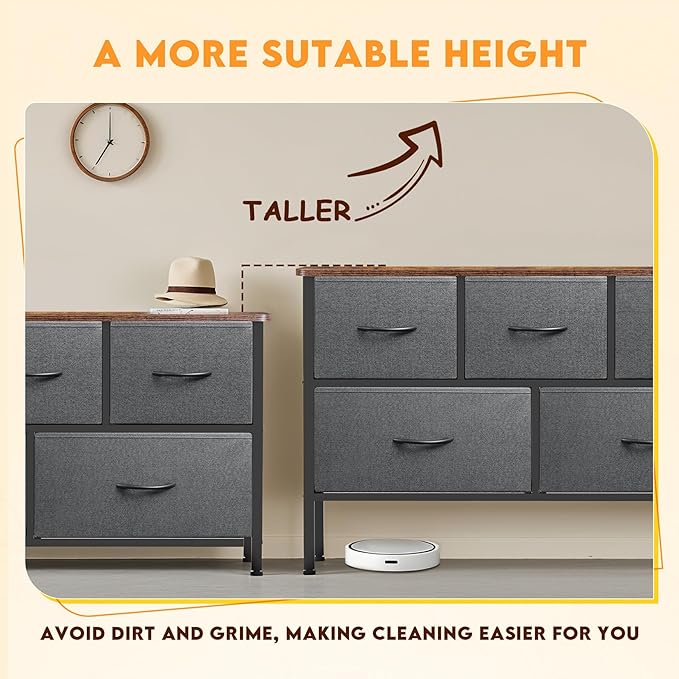 Curved Profile Dresser for Bedroom, Chest of Drawers, 5 Storage Drawers Organizer Unit, Black Dresser with Fabric Bins for Closet, Living Room, Kid Room (Grey and Rustic Brown)
