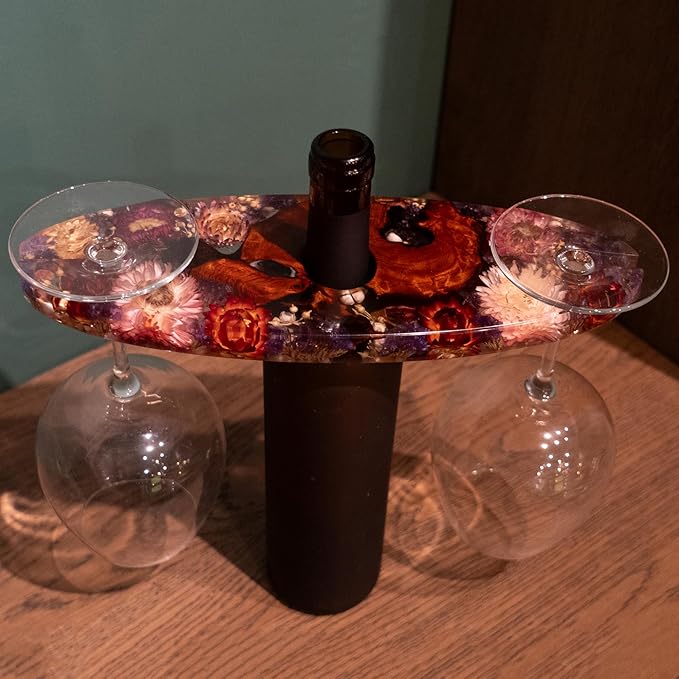 Handcrated Wood Wine Bottle & Glass Holder with Flowers Preserved, Vintage Countertop Stand for 1 Bottle & 2 Glasses, Unique Wine Caddy for Home Bar, Gift for Wine Lover