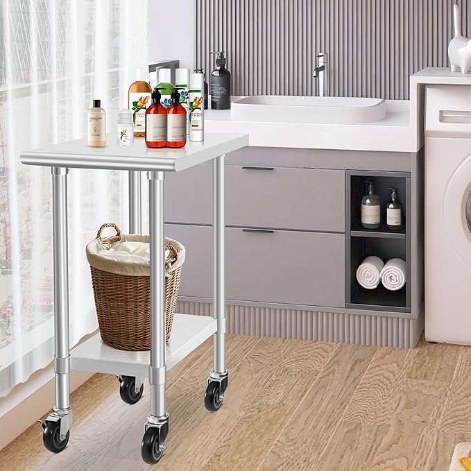 HARDURA Stainless Steel Commercial Table Prep & Work Table with Casters Heavy Duty Metal Table with Wheels NSF 430 30×18 Inches