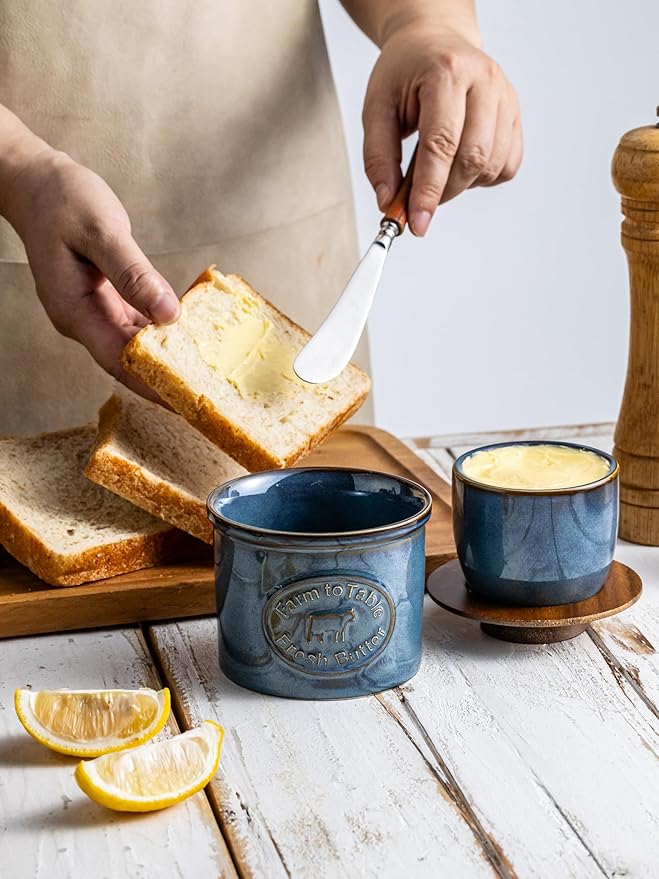 Ceramic Butter Dish with Lid, Butter Crock for Countertop, French Butter Keeper, Farmhouse Cow Pattern, Blue