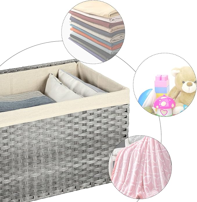 SONGMICS Storage Basket with Lid, Woven Blanket Storage Bin with Handles, Foldable, Removable Liner, Metal Frame, for Bedroom, Laundry Room, 17.2 Gallons (65 L), Gray URST56WG
