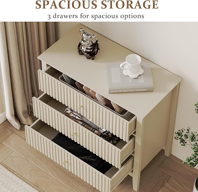 RoyalCraft Large 3 Drawer Dresser Set of 2, Fluted Wood Drawers for Bedroom, Modern Painted 30 inch Wide Nightstand for Bedroom, Entryway, Beige