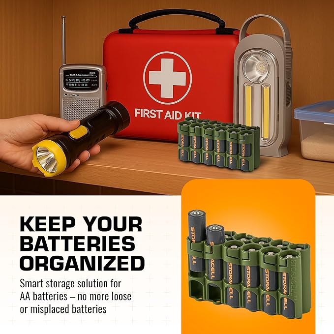 AA Battery Storage Caddy by Storacell, Military Green, Holds 12 Batteries (Not included)