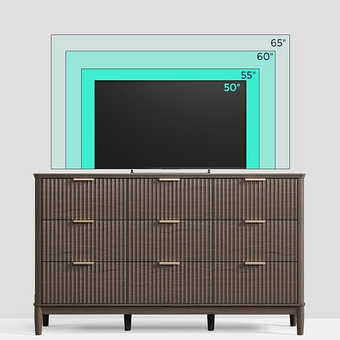 LINSY Fluted Dresser for Bedroom with 9 Drawers, Mid Century Modern Chest of Drawers with Gold Metal Handles, Wide Boho Wood Dressers, Large Farmhouse Storage Cabinet for Bedroom, Living Room, Walnut