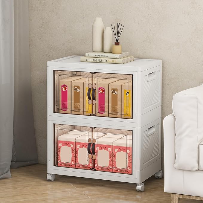 Storage Bins with Lids and Wheels, Collapsible Bathroom Storage Cabinet with Clear Doors, Plastic Stackable Closet Organizers and Storage Containers White 90 QT
