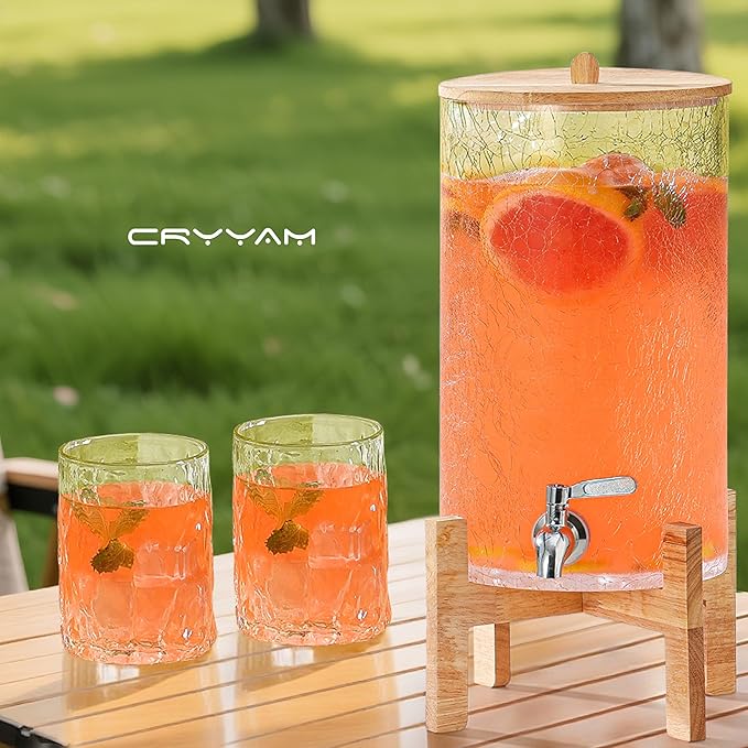 2 Gallon Glass Drink Dispenser with Stand, Beverage Dispenser with Wood Lid and Stainless Steel Spigot, Glass Water Dispenser for Parties, Ideal for Juice, Tea, Lemonade, and More