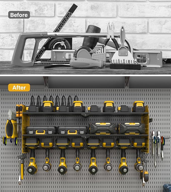 JUNNUJ Large Pegboard Power Tool Organizer with Charging Station, 8 Drills Driver and Tools Battery Holder Wall Mount with 8 Outlet Power Strip, Yellow 3-Layer Shop Garage Storage Utility Rack