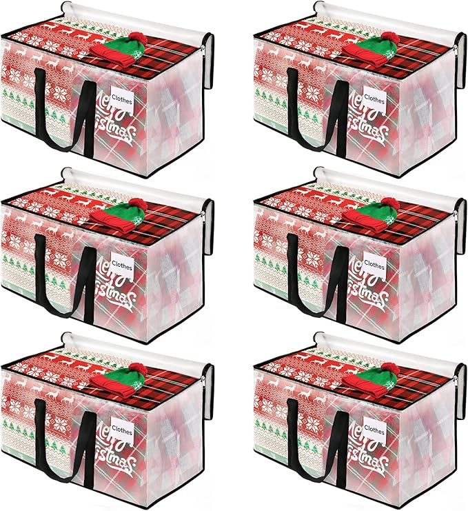 BlissTotes Moving Bags, 6-Pack Storage Bags, Moving Bags Heavy Duty Extra Large, Moving Totes, Clear moving Bags, Reinforced Handles & Tag Pocket, Christmas Totes (76L)