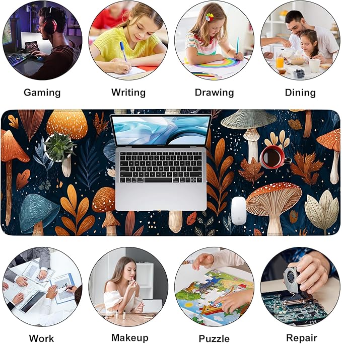 Mushroom Forest Mouse Pad – Large Extended Desk Mat 31.5 x 11.8 in– Autumn Woodland Fungi Illustration, Waterproof Surface, Non-Slip Rubber Base, Keyboard & Mouse Pad for Nature Lovers
