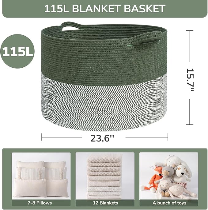 INDRESSME 115L Extra Large Cotton Rope Blanket Basket, Home Decor Laundry Storage Basket for Organizing Bedroom, Living Room, Nursery, Toy Storage for Colthes Towel, Green