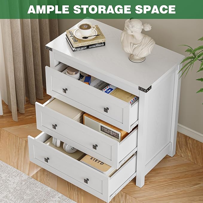 Dresser for Bedroom with 3 Drawers, Small Chests of Drawers, 27.55" Wide Farmhouse Wood Nightstand Bedside Cabinet End Table, Modern Closet Storage Organizer for Living Room, Entryway, Hallway, White