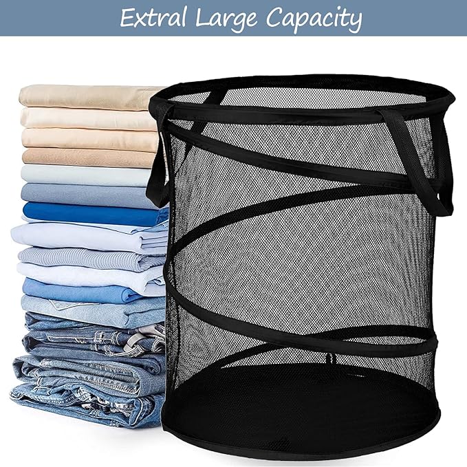 BATTOO Mesh Collapsible Laundry Baskets, Foldable Pop Up Laundry Hamper, Extral Large 113L Laundry Basket Hamper for Laundry, Bathroom, Kids Room, College Dorm, Travel, Camping Black