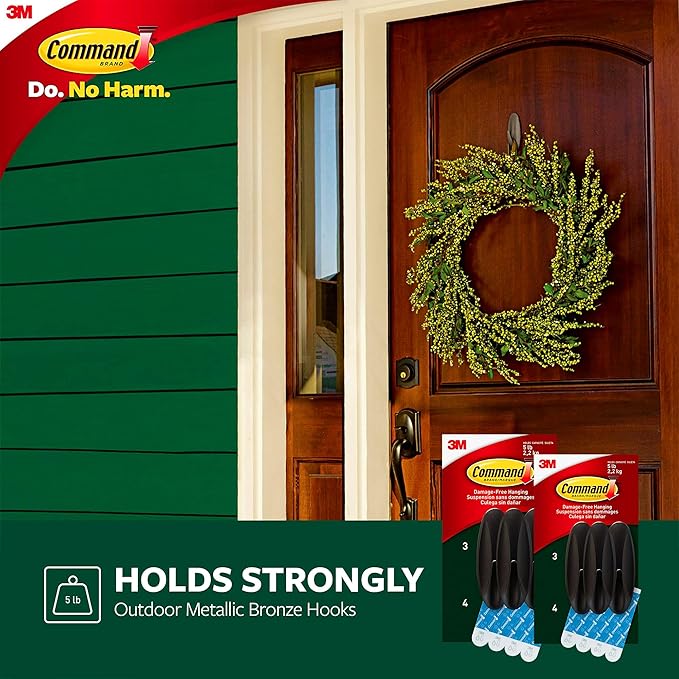 Command Outdoor Large Hooks, Bronze, Holds up to 5 lbs, 6-Hooks, 8-Strips, Damage Free Hanging Wall Hooks for Hanging Outdoor Wall Decor with Weather
