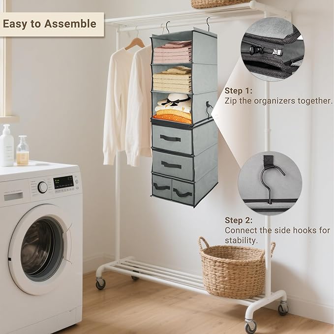 Durable 2-in-1 Hanging Closet Organizer with 2 Separable 3-Tier Hanging Shelves Holder & 4 Removable Drawers,Clothes Storage Organization Space-Saving for Bedroom,Bathroom,Nursery,Dorm,RV