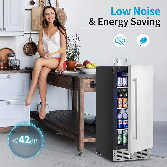 15 Inch Under Counter Beverage Refrigerator - 126 Cans Beverage Fridge with Stainless Steel Door for Beer Wine Soda - Built-in or Freestanding Wine Cooler for Home Kitchen Bar