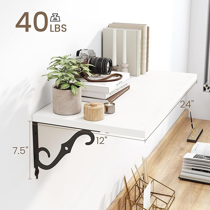 Floating Shelves for Wall, 24"W x 12"D Wall Shelves, 12 Inch Deep Floating Shelf with Bracket, 24 Inch Floating Shelves for Living Room and Bathroom, Display & Storage Shelves, White, Set of 2