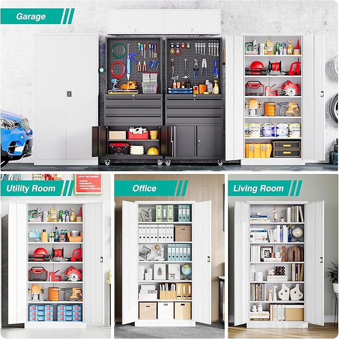 SISESOL White Metal Storage Cabinet with 5 Adjustable Shelves,71" Tall Metal Cabinet with Locking Doors,Steel Cabinet with Lock,Lockable Storage Cabinets for Home,Office,Kitchen,Laundry,Pantry