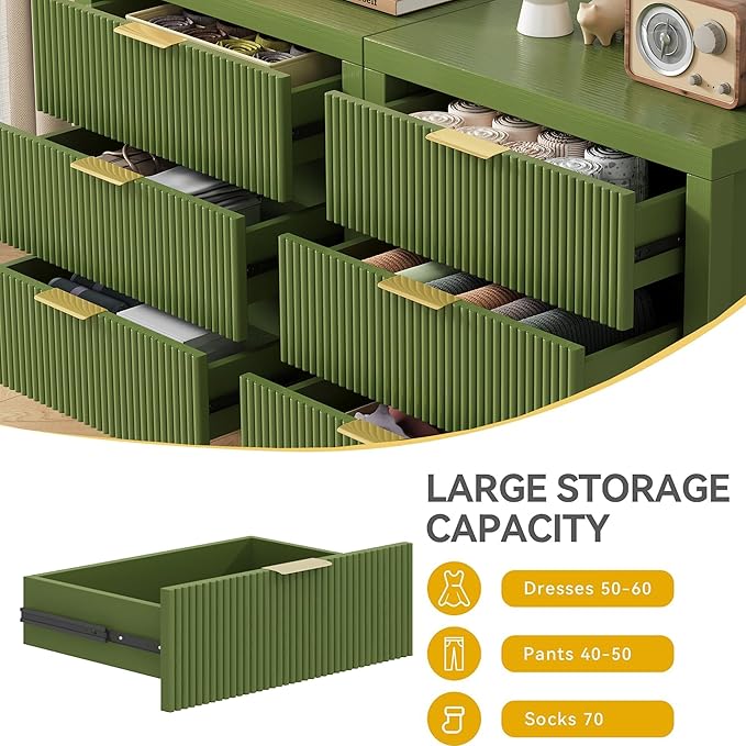 6 Drawer Dresser, Modern Wood Storage Chest of Drawers Organizer with Waveform Panel, Fluted Dresser with Wide Drawers and Golden Handles for Bedroom, Hallway, Entryway, (Green *2)