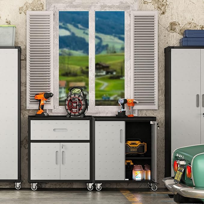 Rolling Tool Cabinet with Wheels, Tool Cabinets with 2 Door and 1 Drawer for Garage, Tool Room, Assembly Required(Black and Gray)