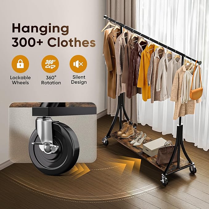 HOKEEPER Clothes Rack with Wood Shelves Height Adjustable Clothing Rack with Lockable Wheels 500LBS Portable Wooden Garment Closet for Bedroom, Living Room, Laundry, Balcony, Black