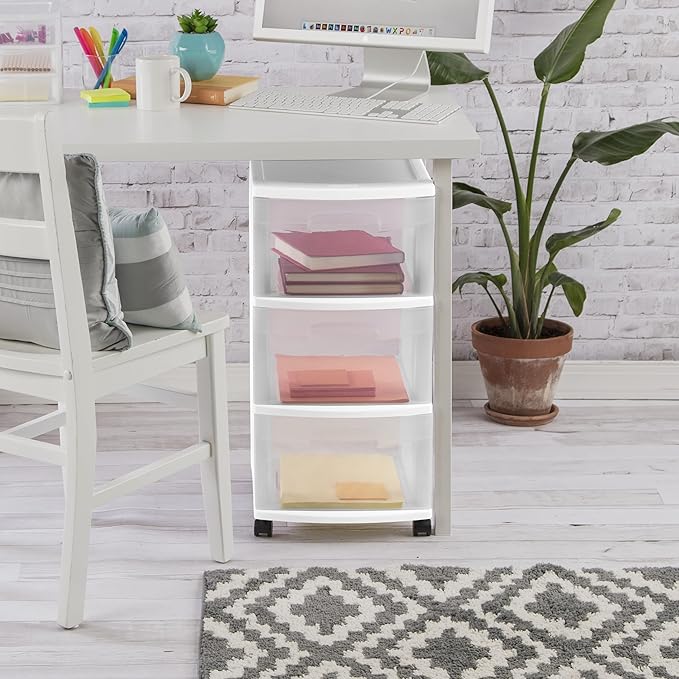 3 Drawer Rolling Plastic Storage Cart with Large Durable Clear Drawers and Removable Wheels, Suitable for Bedroom, Dormitory, Closet, Kitchen and Office (WHITE)